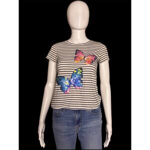 Wonder Nation Black & White Stripes Sequin Butterflies T-Shirt Girls Large 10-12